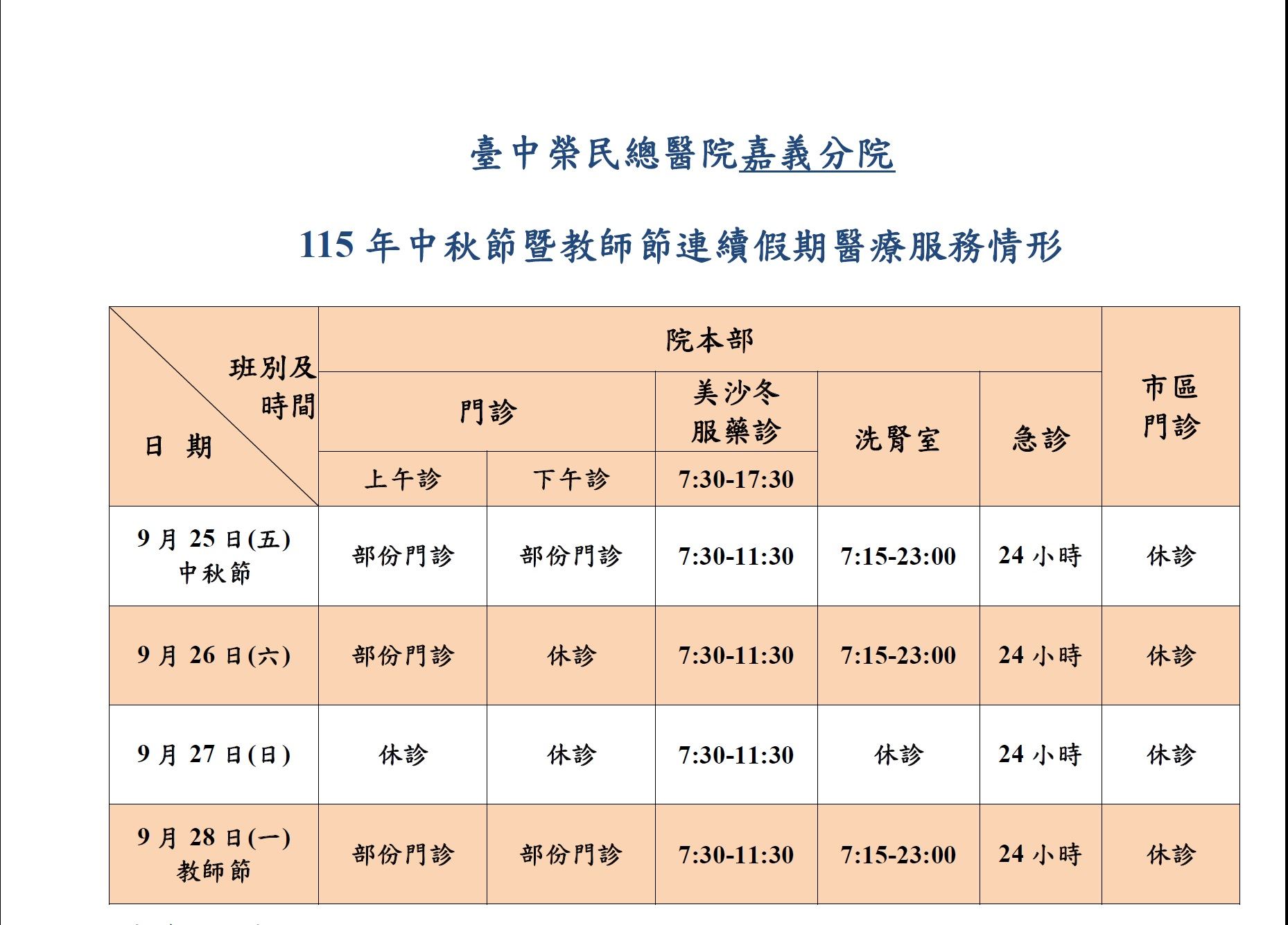 115年中秋節暨教師節連續假期醫療服務情形-臺中榮總嘉義分院.jpg