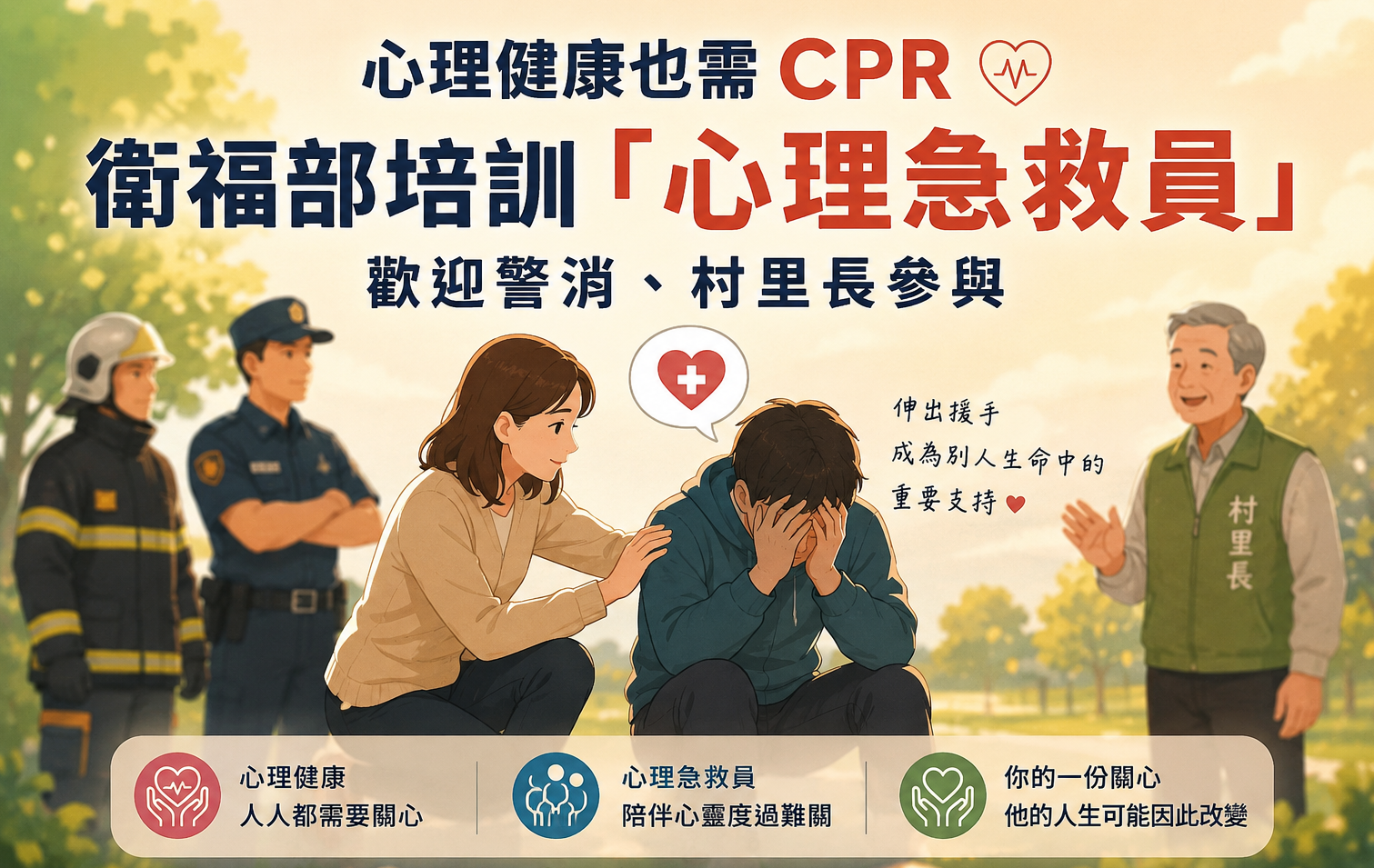 心理健康也需CPR 衛福部培訓「心理急救員」歡迎警消、村里長參與