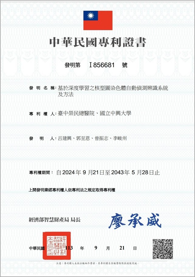 曾振志主任、呂建興主任專利「基於深度學習之核型圖染色體自動偵測辨識系統及方法」 （發明第I856681號）。